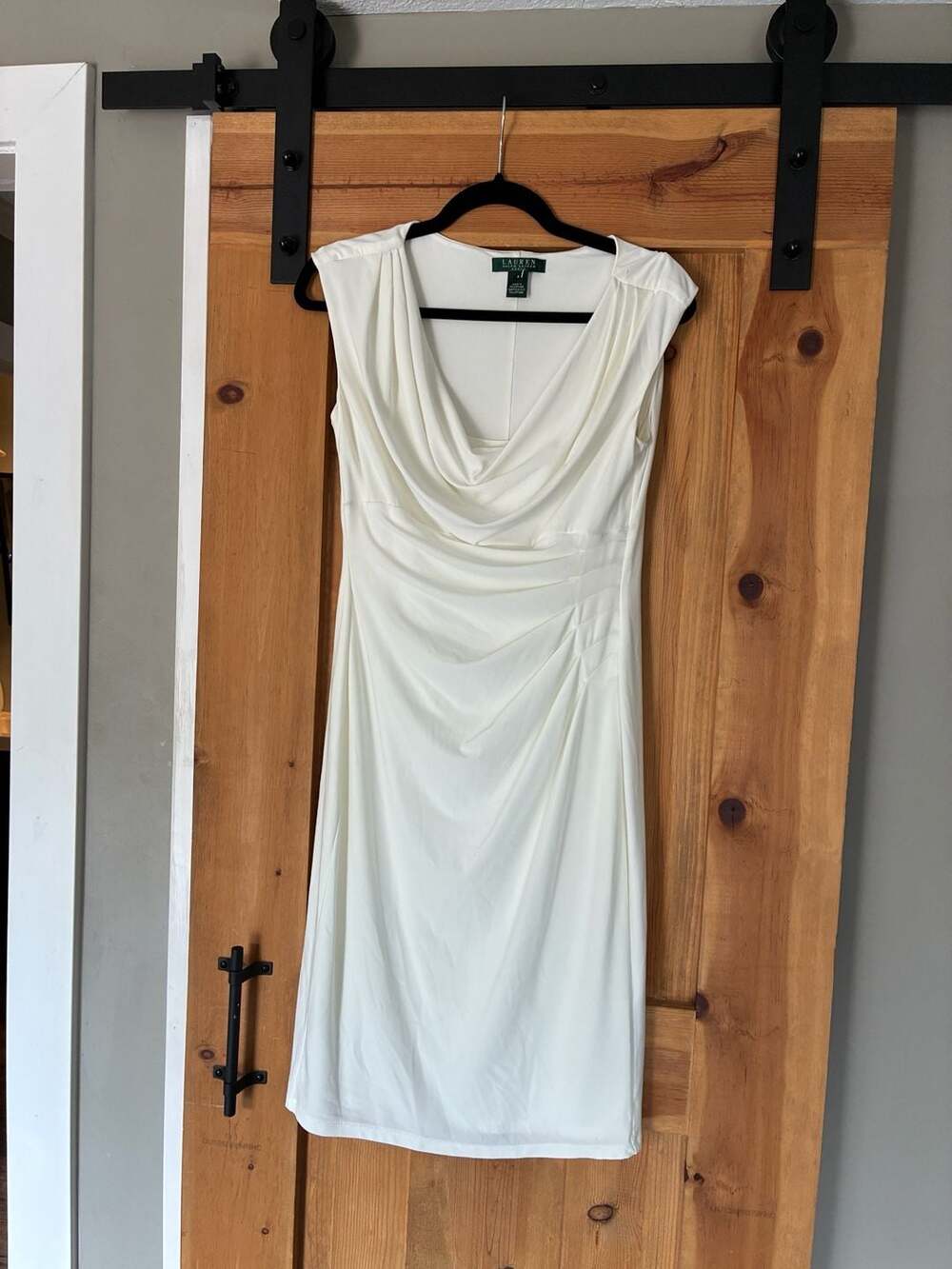 Lauren Ralph Lauren Ivory White Draped Cowl Neck Ruched Sleeveless Dress Size 8